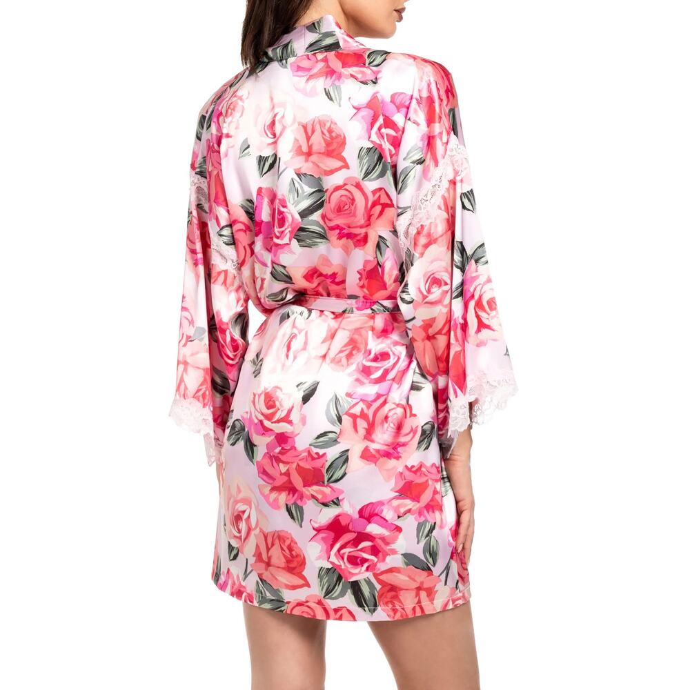 In Bloom by Jonquil Ella Floral Lace Trim Satin Robe Women XS/S New No Belt - Picture 2 of 8